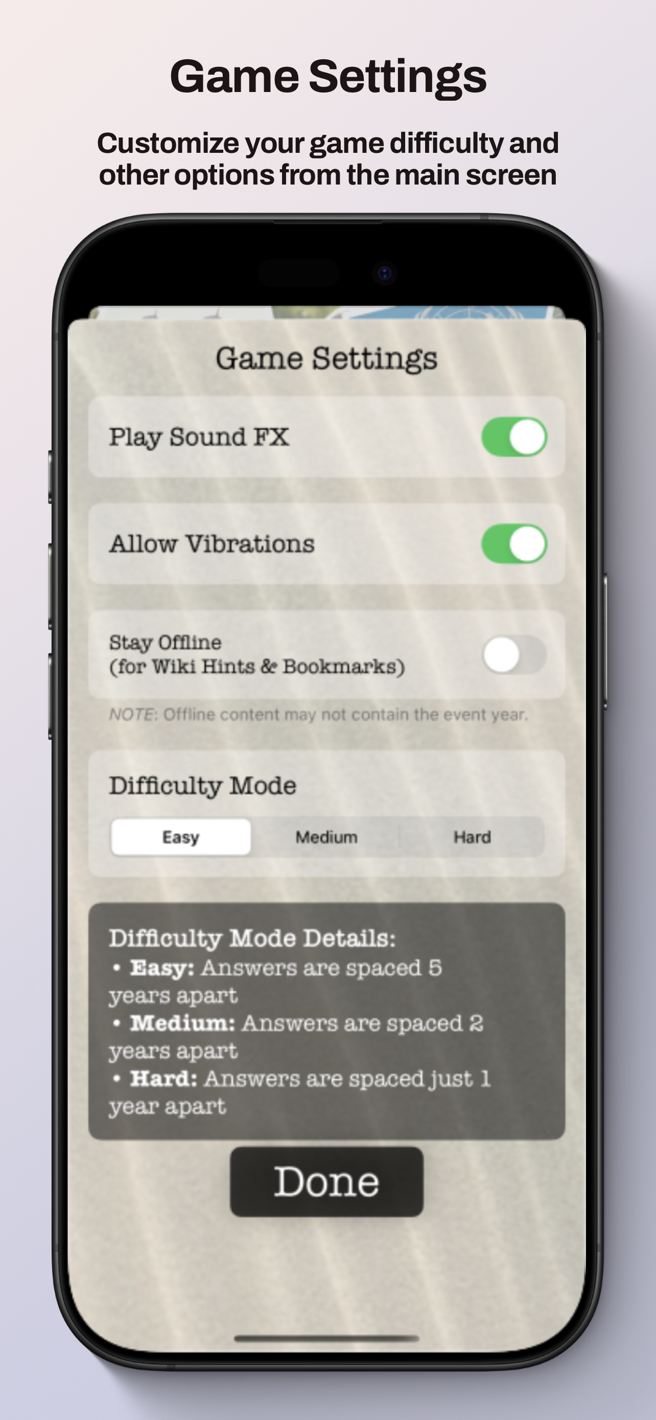 Game Settings to set difficulty
